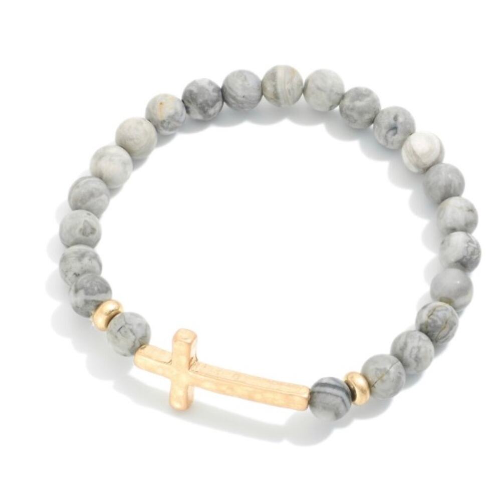 👗Bundle 5/$25👗 RETAIL $18*Gray Stone Beaded Bracelet*Hammered Metal Gold Cross